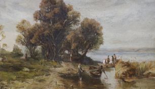 19th century Italian School, River scene with figures, indistinctly signed, 30 x 50cm