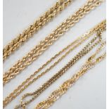 Five assorted modern 9ct gold chains, including two rope twist and one two colour, 44cm, 22.3