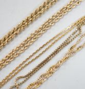 Five assorted modern 9ct gold chains, including two rope twist and one two colour, 44cm, 22.3