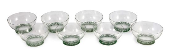 A set of eight R. Lalique Dampierre pattern bowls, model no. 3136, designed 1932, each moulded