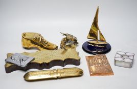 A group of assorted brass and other collectables, including a Welsh brass spectacle case inscribed