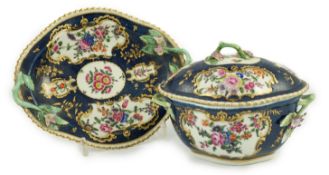 A Worcester scale blue small tureen, cover and stand c.1775, typically painted with floral