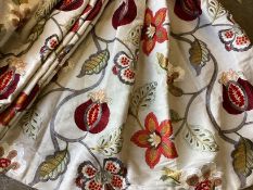 Two pairs of Romo fabric embroidered floral curtains. Pair one - tops gathered 130cm, width 254cm,