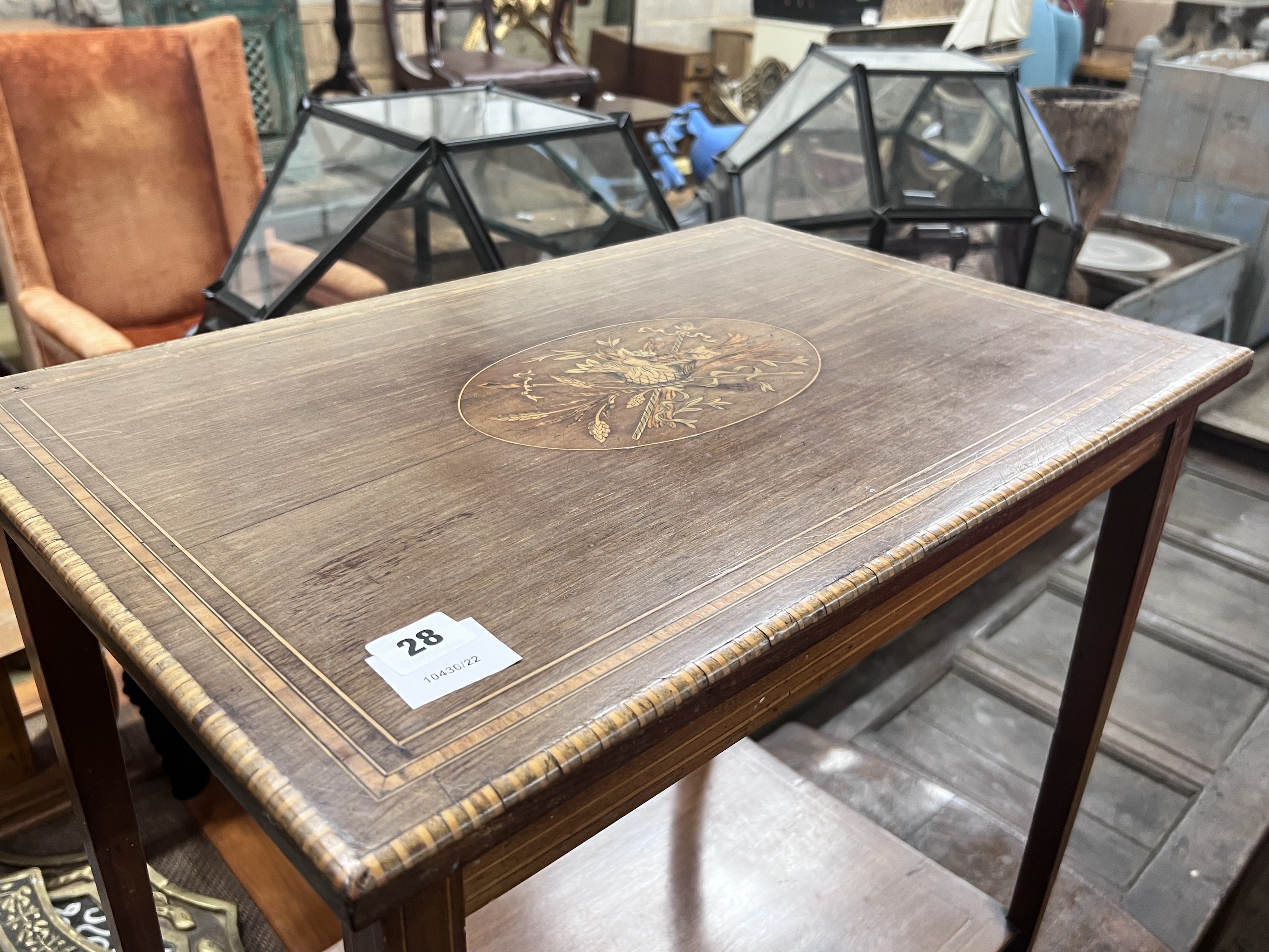 An Edwardian rectangular marquetry inlaid mahogany two tier occasional table, width 80cm, depth - Image 2 of 5