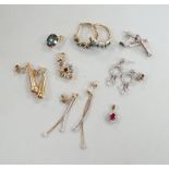 Five assorted modern pairs of 9ct and gem set earrings, including diamond chip cluster drop and blue