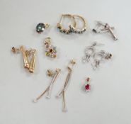 Five assorted modern pairs of 9ct and gem set earrings, including diamond chip cluster drop and blue