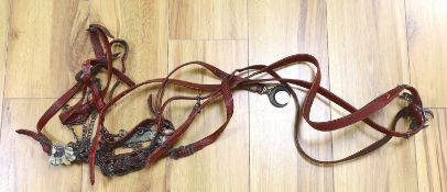 A 19th century white metal-mounted leather horse bridle and martingale