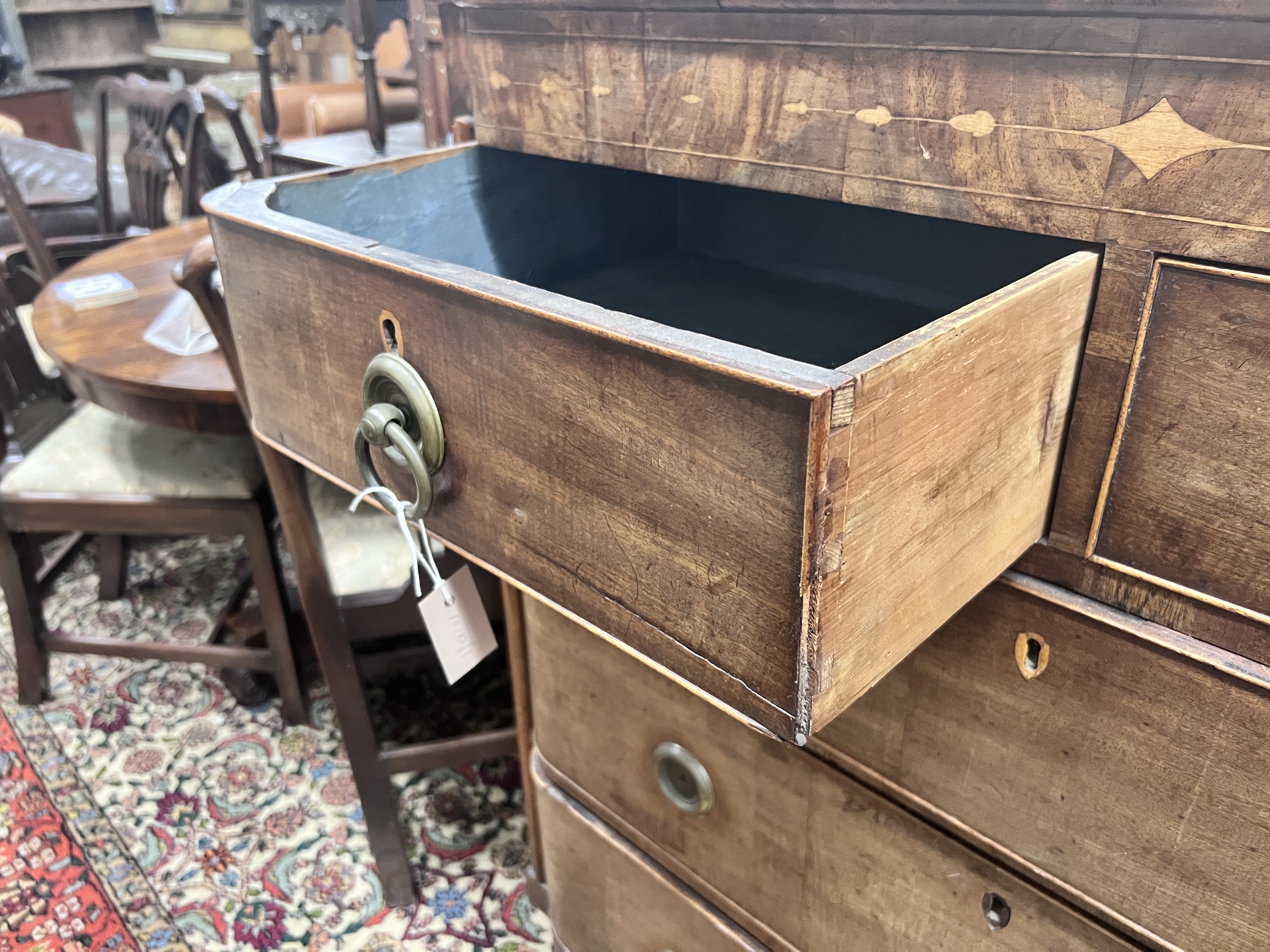 A Regency inlaid mahogany bow front chest, width 108cm, depth 48cm, height 115cm - Image 5 of 7