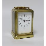 A Henry Marc French brass carriage clock with enamel dial, Japy Freres movement numbered 26934,