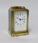 A Henry Marc French brass carriage clock with enamel dial, Japy Freres movement numbered 26934,