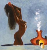 Modern British, oil on canvas, Nude bather and smoking vase, signed Mackay and dated 2014, 92 x