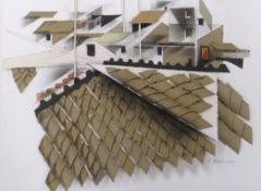Anthony Abrahams (b. 1926), mixed media collage, roof tops, signed, Image approximately 57 x 77