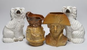 A Doulton and Watts glazed stoneware bust of Lord Nelson, a pair of white glazed Staffordshire