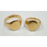 Two 18ct gold signet rings, sizes K/L & S, 13.8 grams.