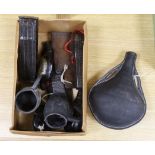 A quantity of stamped leather items including two flasks, two small tankards etc, largest flask 25cm