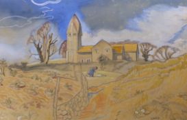 Laird (late 20th century), gouache, Sompting church, Eastbourne, signed, 21 x 32cm