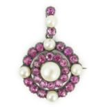 A Victorian gold and silver, pink gem and pearl cluster set target drop pendant brooch, overall