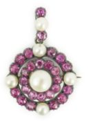 A Victorian gold and silver, pink gem and pearl cluster set target drop pendant brooch, overall