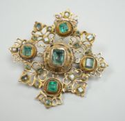 A 19th century continental pierced yellow metal and emerald cluster set quatrefoil brooch, 47mm,