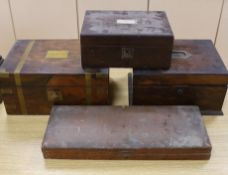 A Victorian brass mounted walnut writing box, work box with fitted interior, rosewood box with