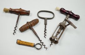 A 19th century iron corkscrew, with a turned wood handle and four other corkscrews (5)