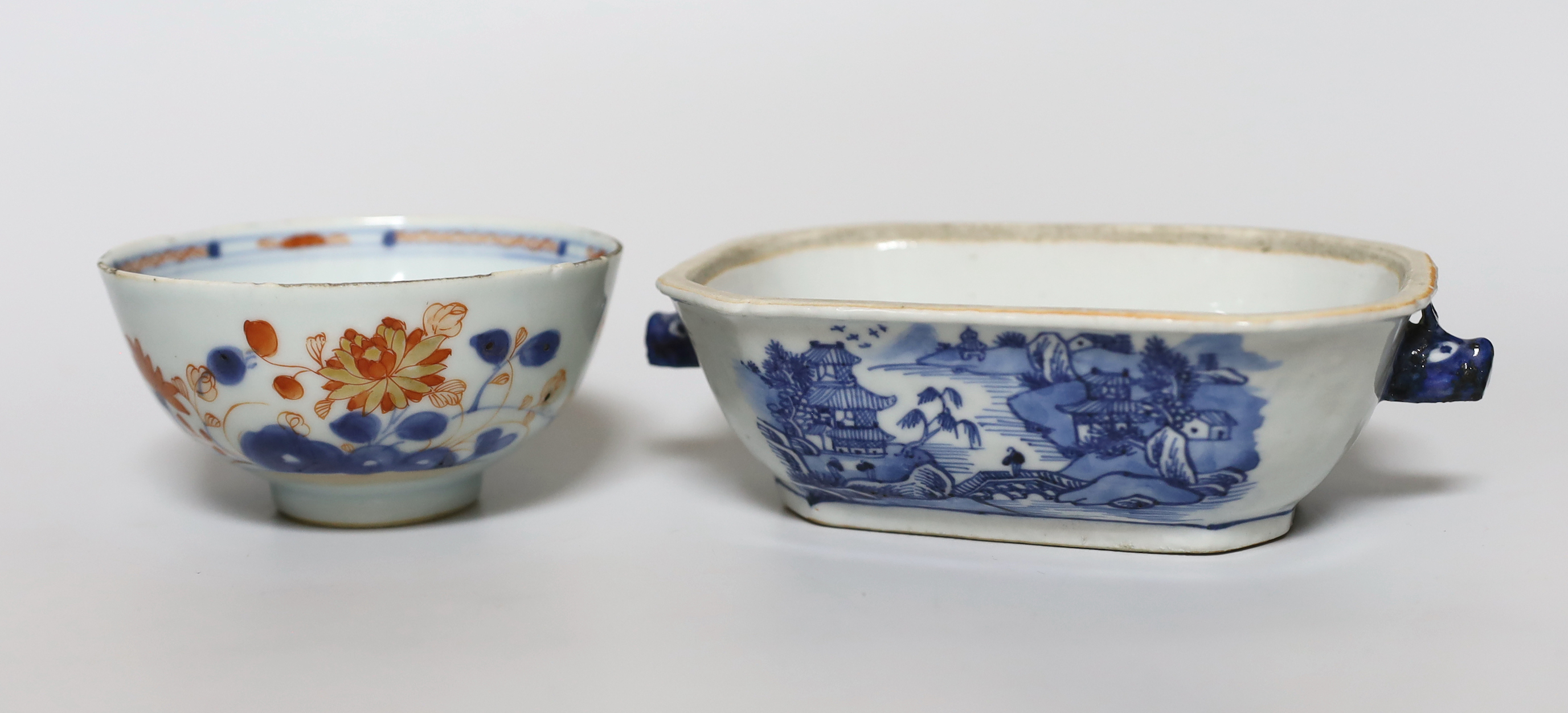 An 18th century Chinese export tureen (lacking cover) and an Imari pallet bowl (2)
