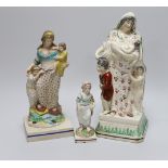 An early 19th century Staffordshire tinted biscuit stoneware figure of a mother with children,