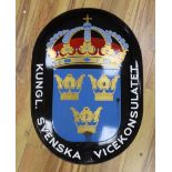 An enamelled metal Swedish Royal Vice Consulate sign made by the Carl Lund AB factory in Malmo,