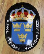 An enamelled metal Swedish Royal Vice Consulate sign made by the Carl Lund AB factory in Malmo,