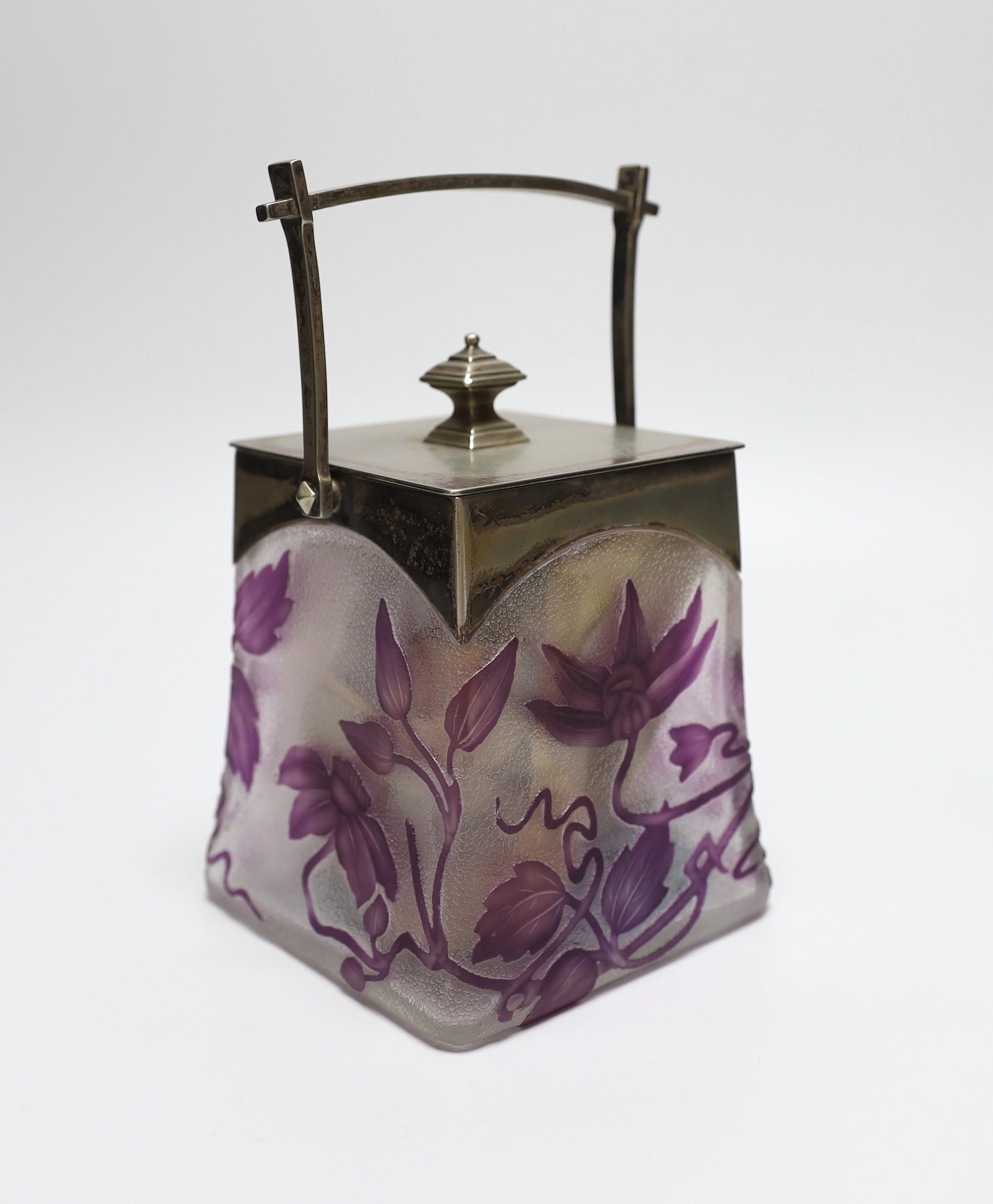 A Bohemian Art Nouveau cameo glass biscuit box, acid etched with sinuous plants in amethyst, against - Image 2 of 3