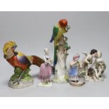 An 18th century Meissen figure group, 16cm, two 19th century Meissen figures, German cockatoo, and a