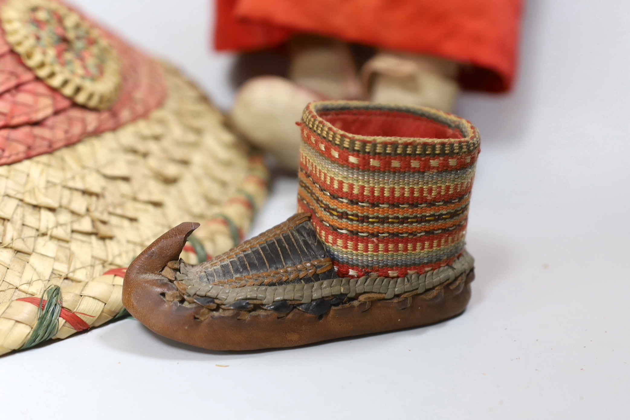 A composition Burmese doll, 40cm, related hat and a shoe - Image 3 of 4