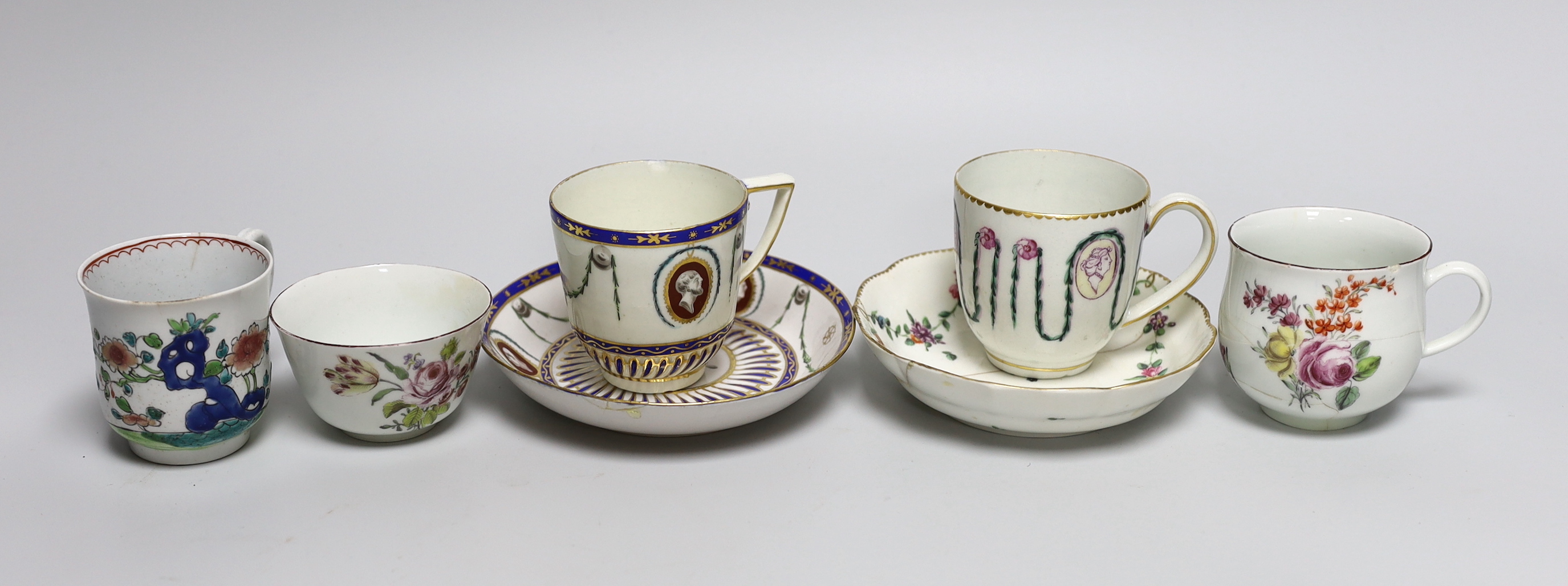 A Chelsea red anchor teabowl and coffee cup, c.1755, a Bow coffee cup, c.1760, a Derby Portrait