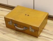 A vintage Mappin and Webb vanity case with five silver mounted bottles, 51cm wide