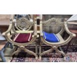 A pair of hardwood and gilt composition 'X' frame chairs, width 72cm, depth 58cm, height 100cm