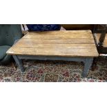 A Victorian part painted rectangular pine coffee table, (cut down dining table), length 120cm, width