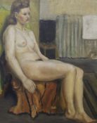 Early 20th century English School, oil on canvas, Nude in a studio, 91 x 76cm, unframed