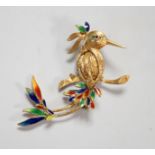 A 1960's Italian 18ct gold and polychrome enamel set exotic bird brooch, with gem set eye, 47mm,