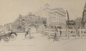 Terence Dalley (1935-), monochrome print, Foreign fruit market and The Royal Opera House, Covent