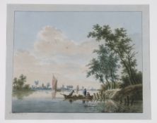 Nicolaas Wicart (Dutch, 1748-1815) watercolour, River landscape with figures in a boat, signed to