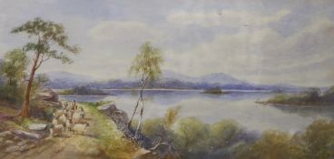 Norman Bradley (19thC Scottish), watercolour, Highland loch scene with flock of sheep, 38 x 18cm