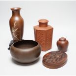 Chinese Yixing pottery- two lidded canisters, a vase, a bowl and an ink palette (5) Provenance- from