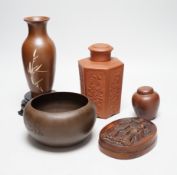 Chinese Yixing pottery- two lidded canisters, a vase, a bowl and an ink palette (5) Provenance- from