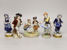 Five small German porcelain figures, tallest 15cm