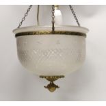 A gilt brass and frosted glass ceiling dome, the brass mounts cast with flowers, 36cm in diameter
