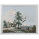 Nicolaas Wicart (Dutch, 1748-1815) watercolour, Rural landscape with figures before cottages, signed