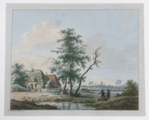 Nicolaas Wicart (Dutch, 1748-1815) watercolour, Rural landscape with figures before cottages, signed