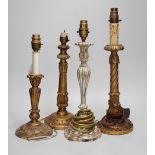 Four antique-style gilt and silvered wood table lamps, the largest 43cm high including the fitting