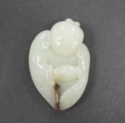 A Chinese pale celadon jade carving of one of the He He Erxian, 6.5cm