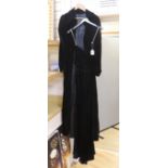 A late 1930's early 40's ‘Harrods’ labelled black velvet full length evening dress with diamanté